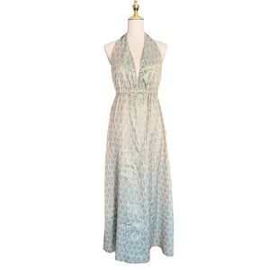 Vintage Blue Gold Metallic Brocade Halter Maxi Dress V-Neck Open Back Gown 1970s